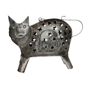Large Metal Cat Candle Holder Silver With Star Cutouts Standing Or Hanging 9x13